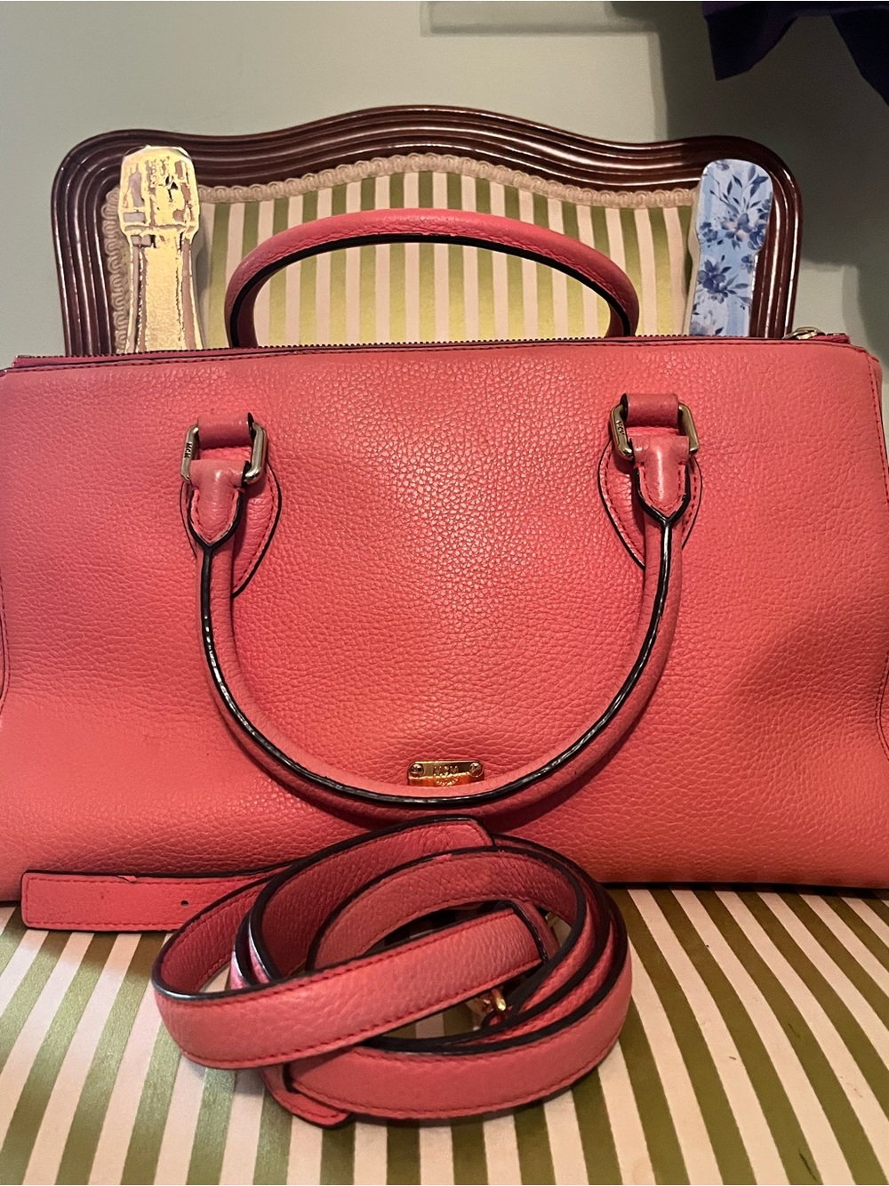 MCM Coral Pink Leather Satchel with Detachable Strap